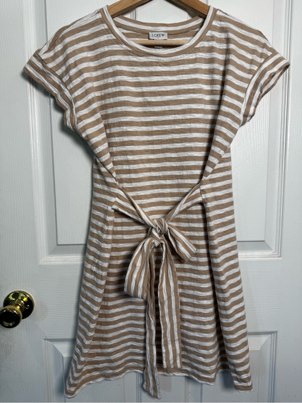 J.Crew NWT Striped Tie-Waist T-Shirt Dress Size Small Tan White 100% Cotton